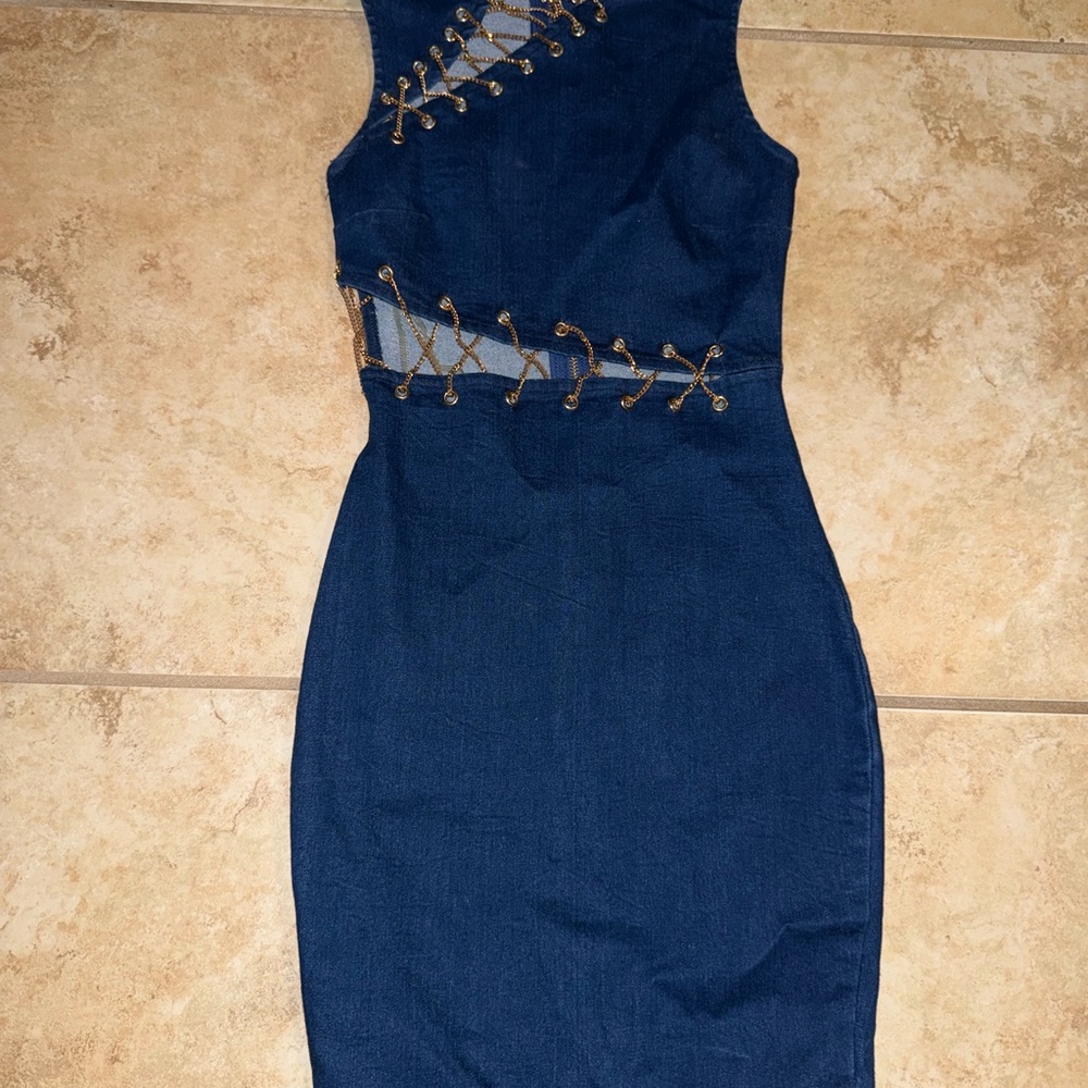 Fashion Nova Midnight Blue Mini Dress with Gold Accents
